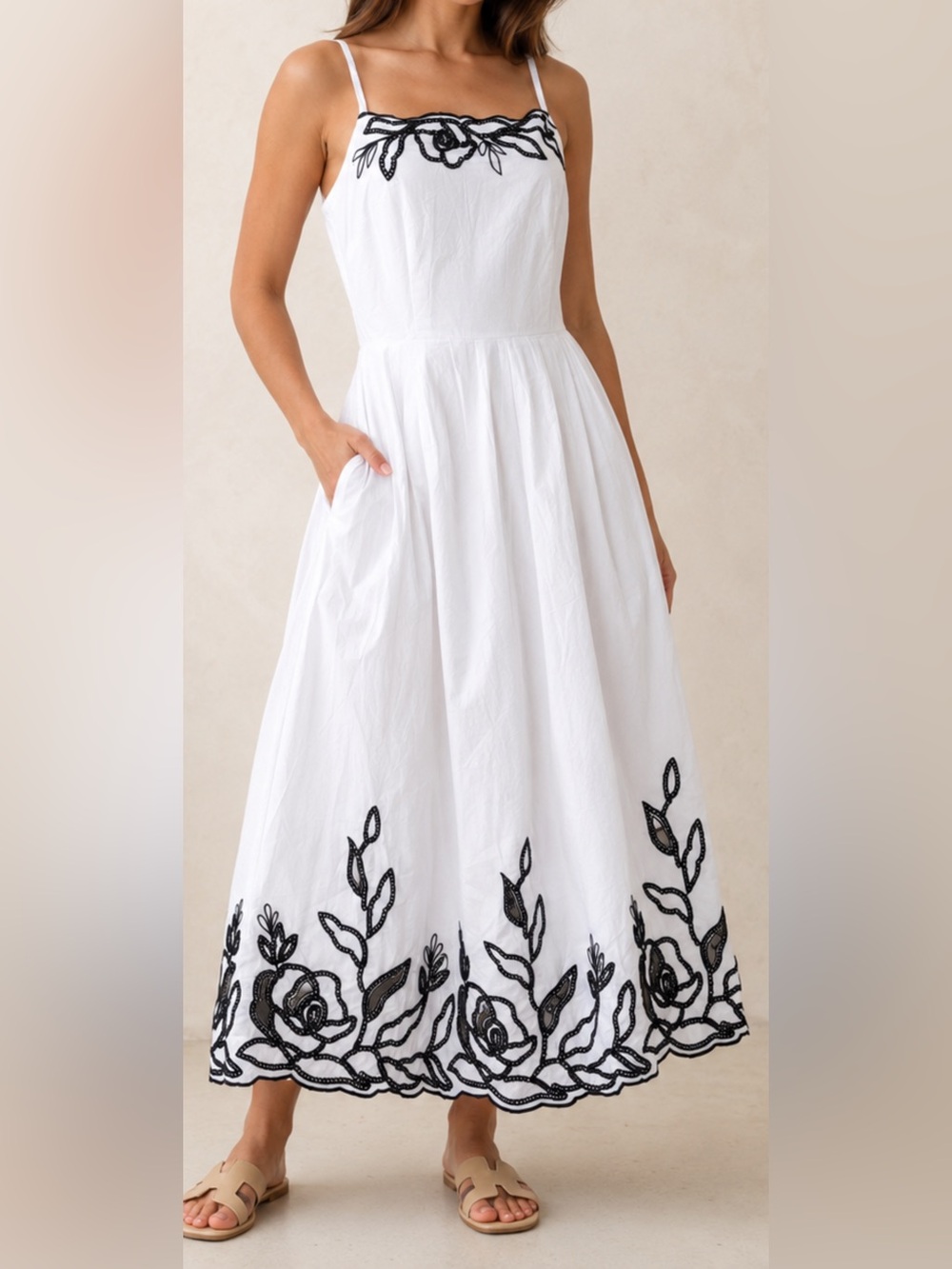 NWT White Black Floral Embroidered Cotton Maxi Dress Pockets Women S